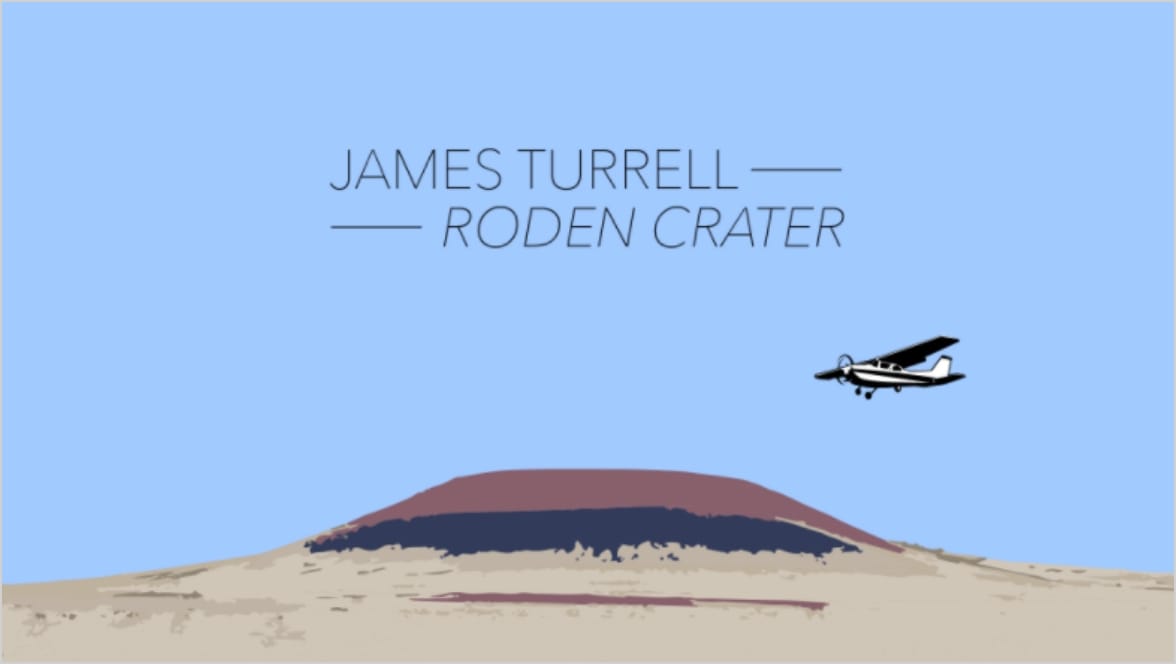 Artistic rendering of Roden Crater with a single propeller plane flying near, with the text James Turrell - Roden Crater displayed above